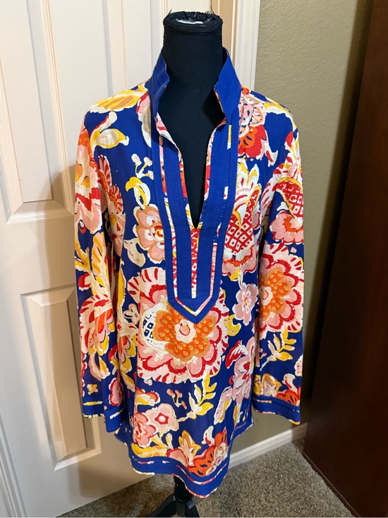 Tory Burch Tops - Tory Burch Blue Floral Tunic with Pink, Yellow and Orange Accents